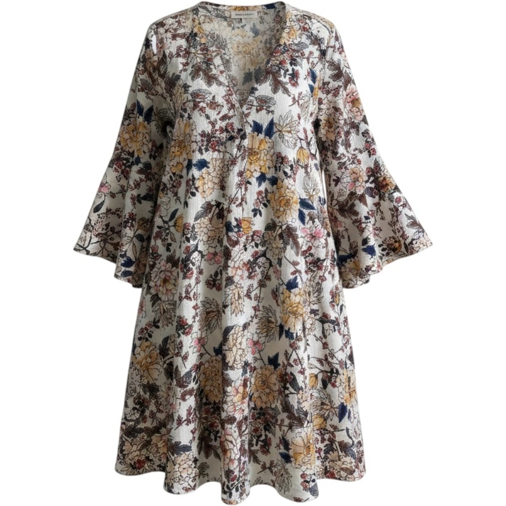 Cottagecore Umgee Boho Floral Bell Sleeve Shift Dress Cream V-Neck Mini L
